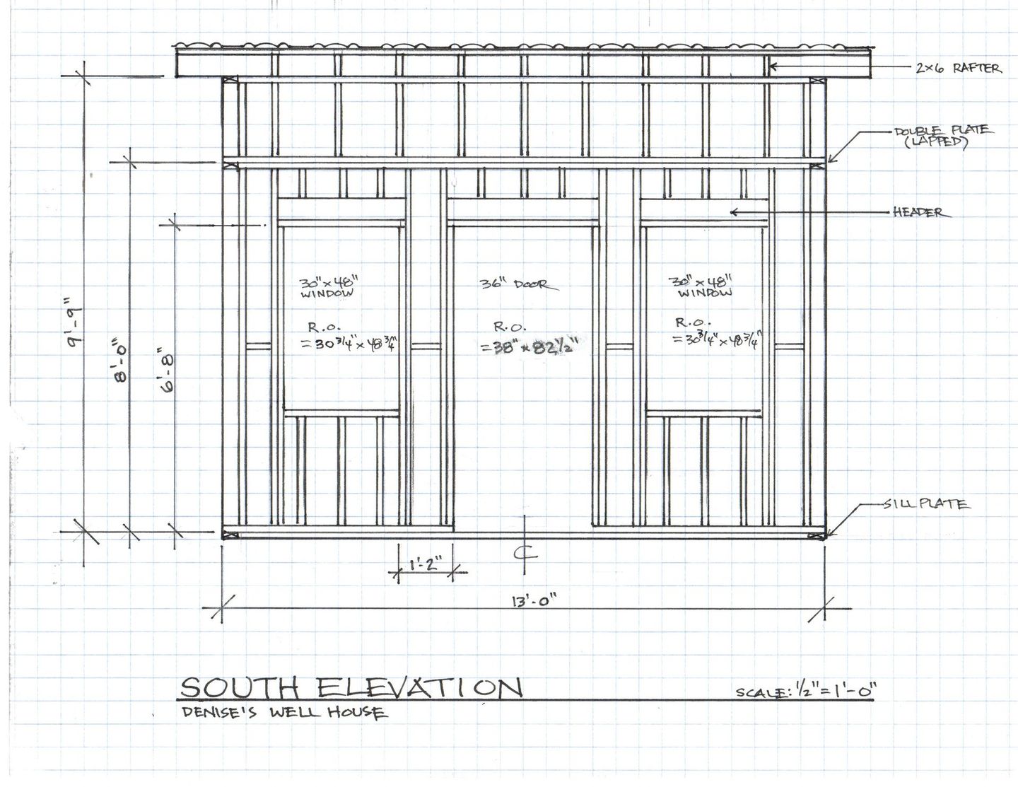 Architectural drawing: South elevation of a frame well house. Shows a rectangular structure with a door and two windows, labeled with measurements.