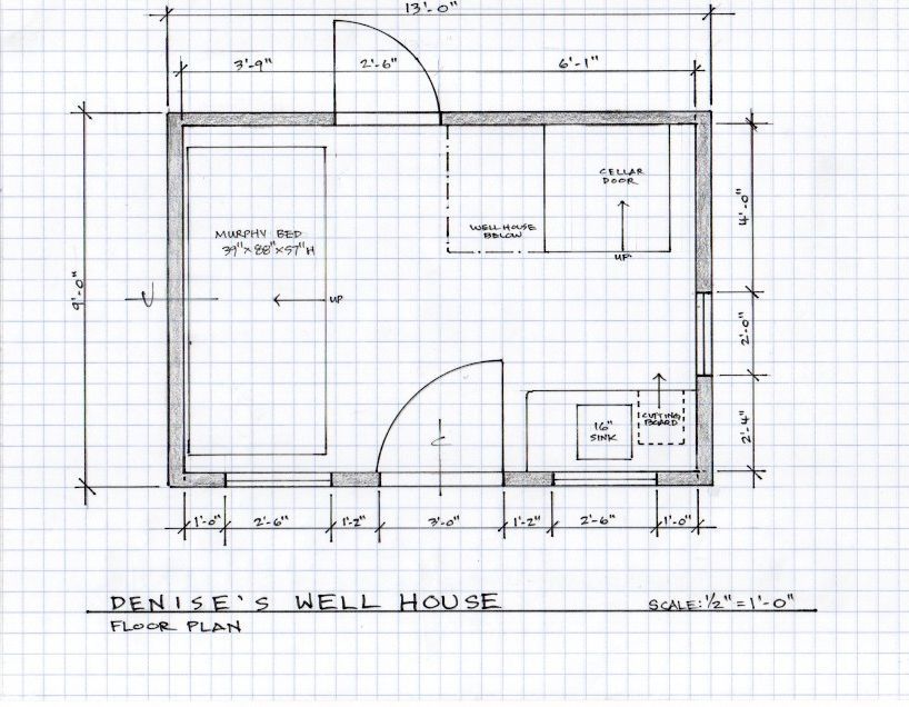Floor plan of Denise's well house, showing dimensions and layout of a small structure with a door, a sink, and a well.