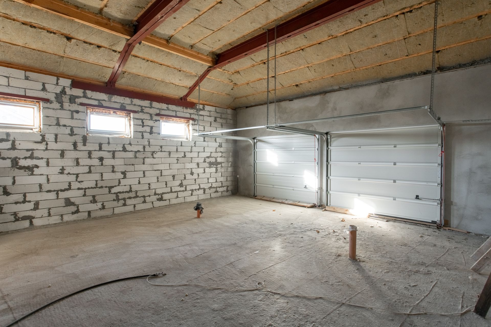Interior of a partially finished building with cinder block walls, concrete floor, and overhead garage door.