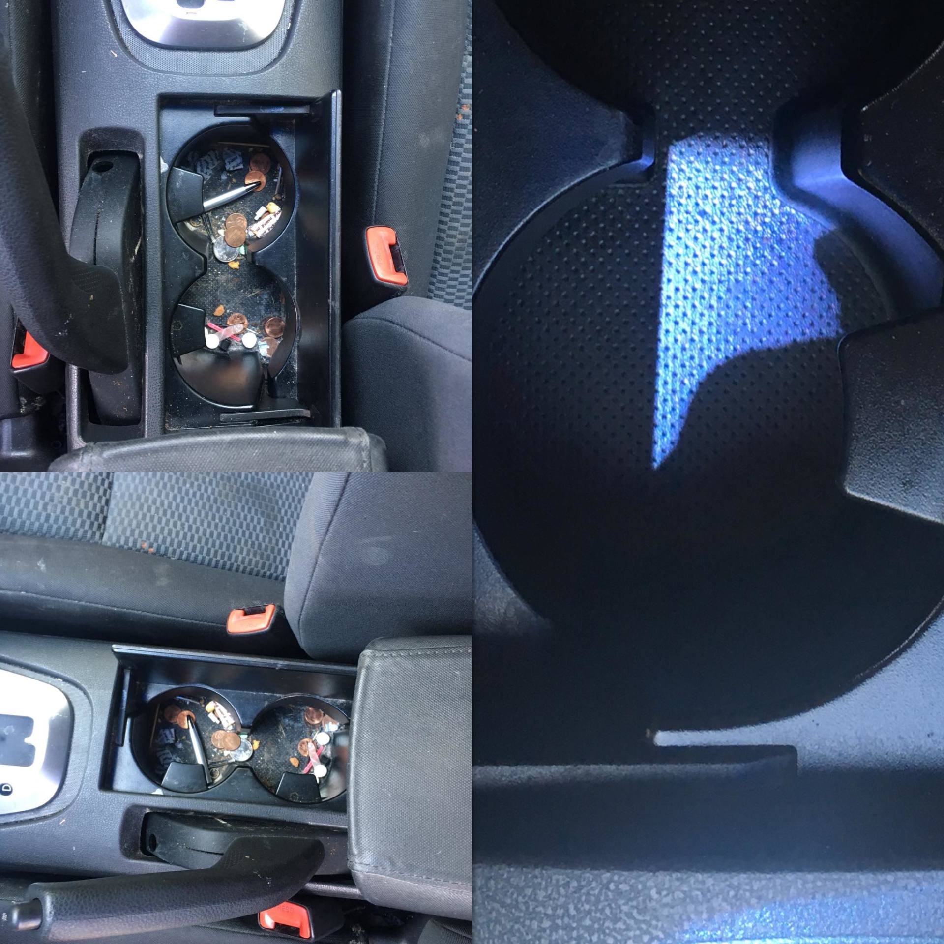 A picture of a car cup holder and a picture of the inside of the cup holder