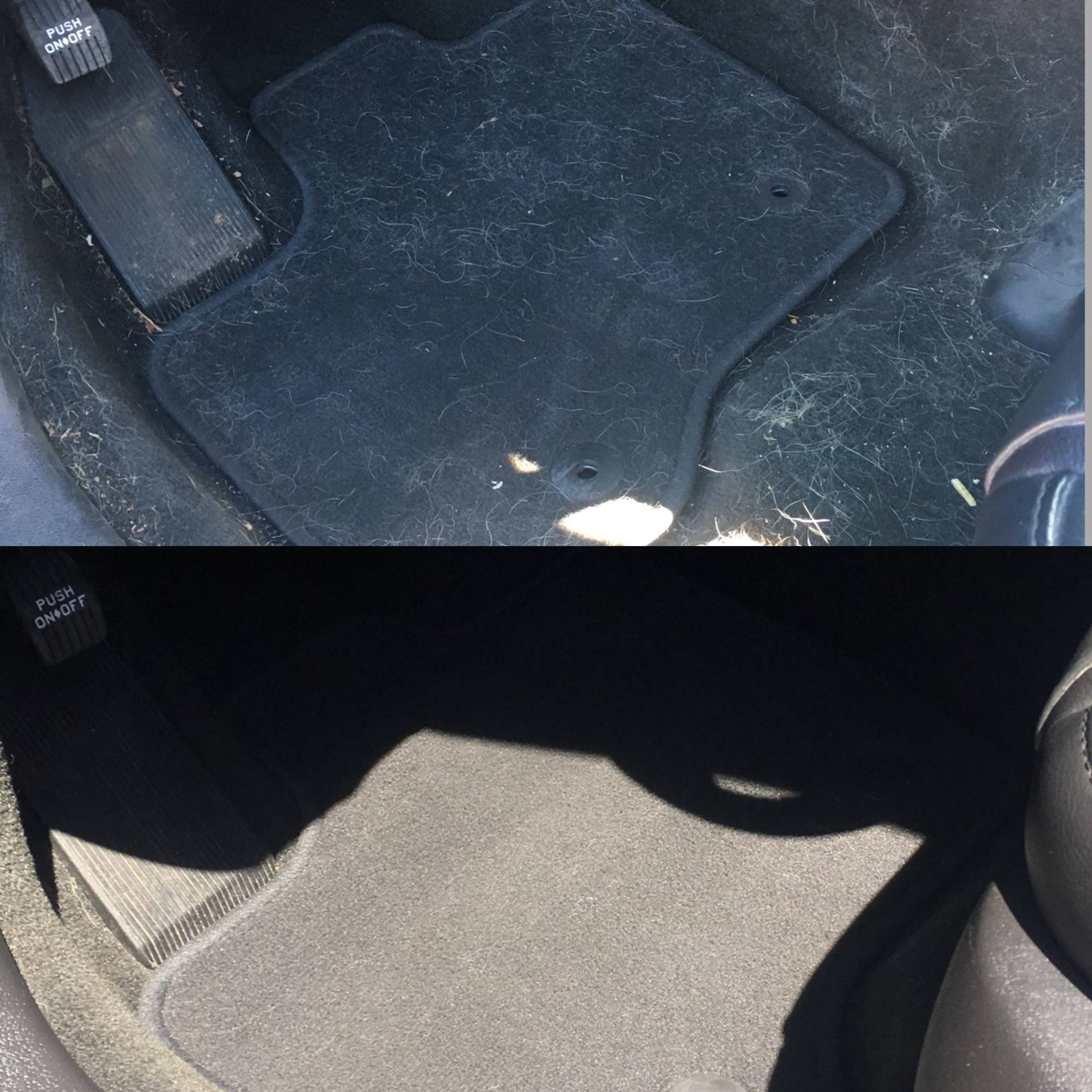 A before and after picture of a car floor mat