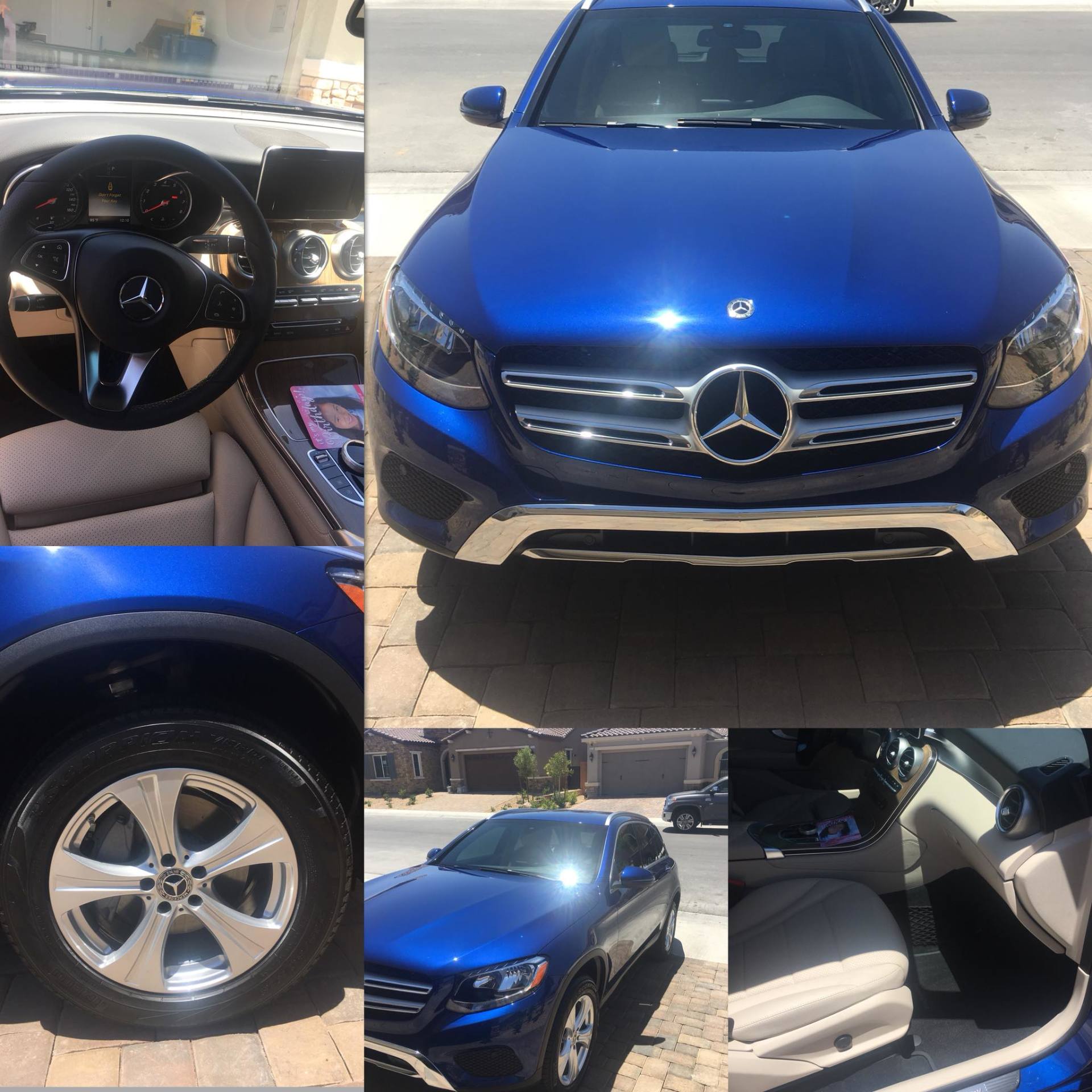A collage of photos of a blue mercedes
