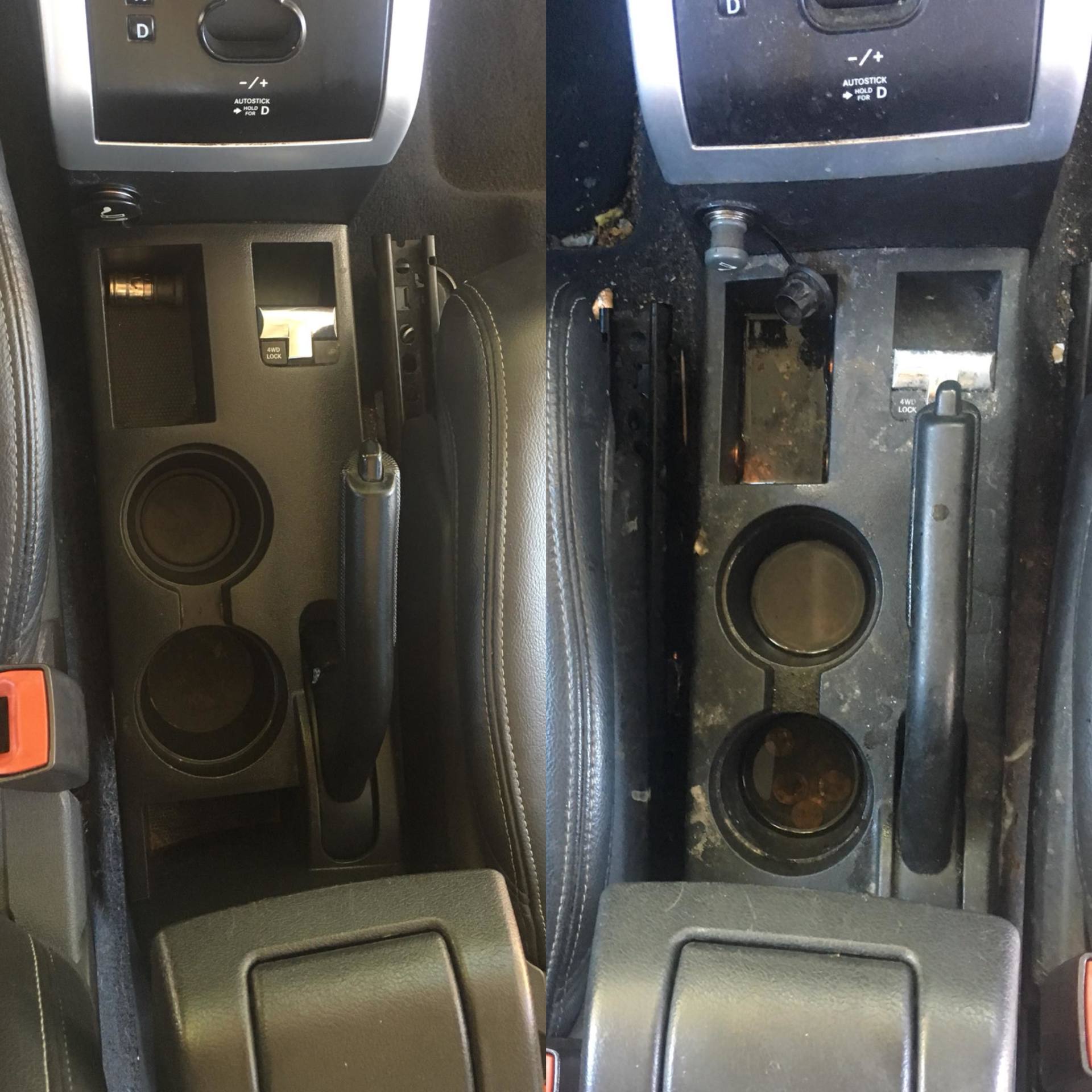 A before and after picture of a car center console