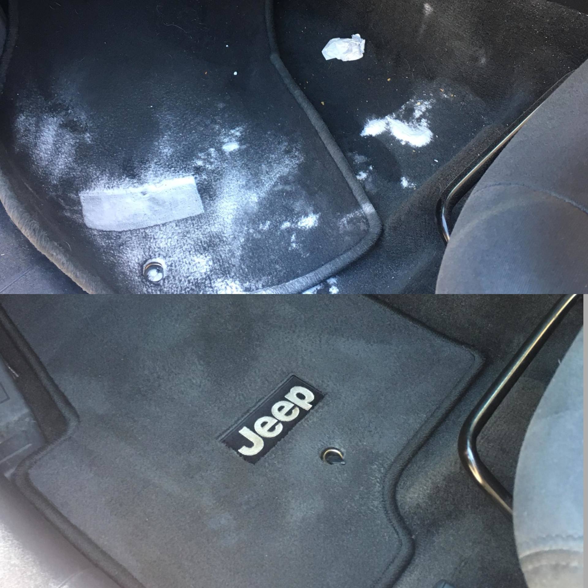A before and after picture of a jeep floor mat
