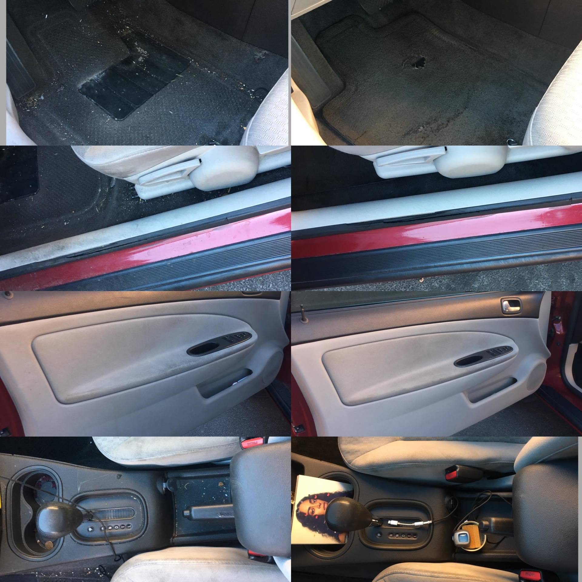 A before and after picture of the interior of a car