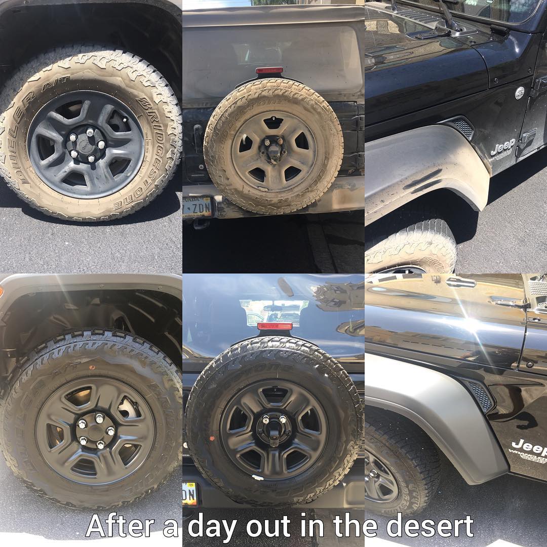 A collage of four pictures of a jeep with the caption after a day out in the desert