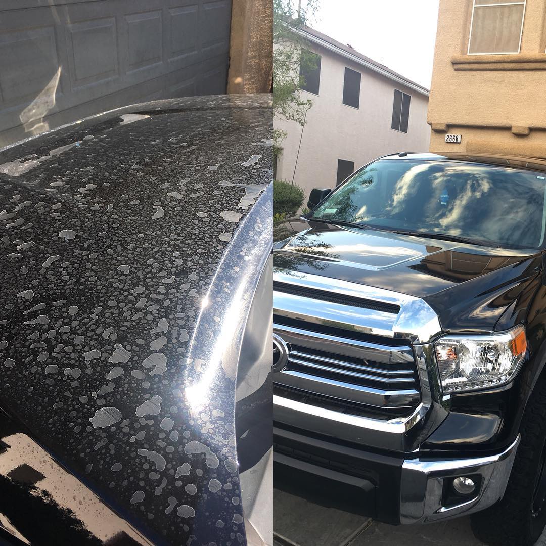 A picture of a dirty hood next to a picture of a clean hood