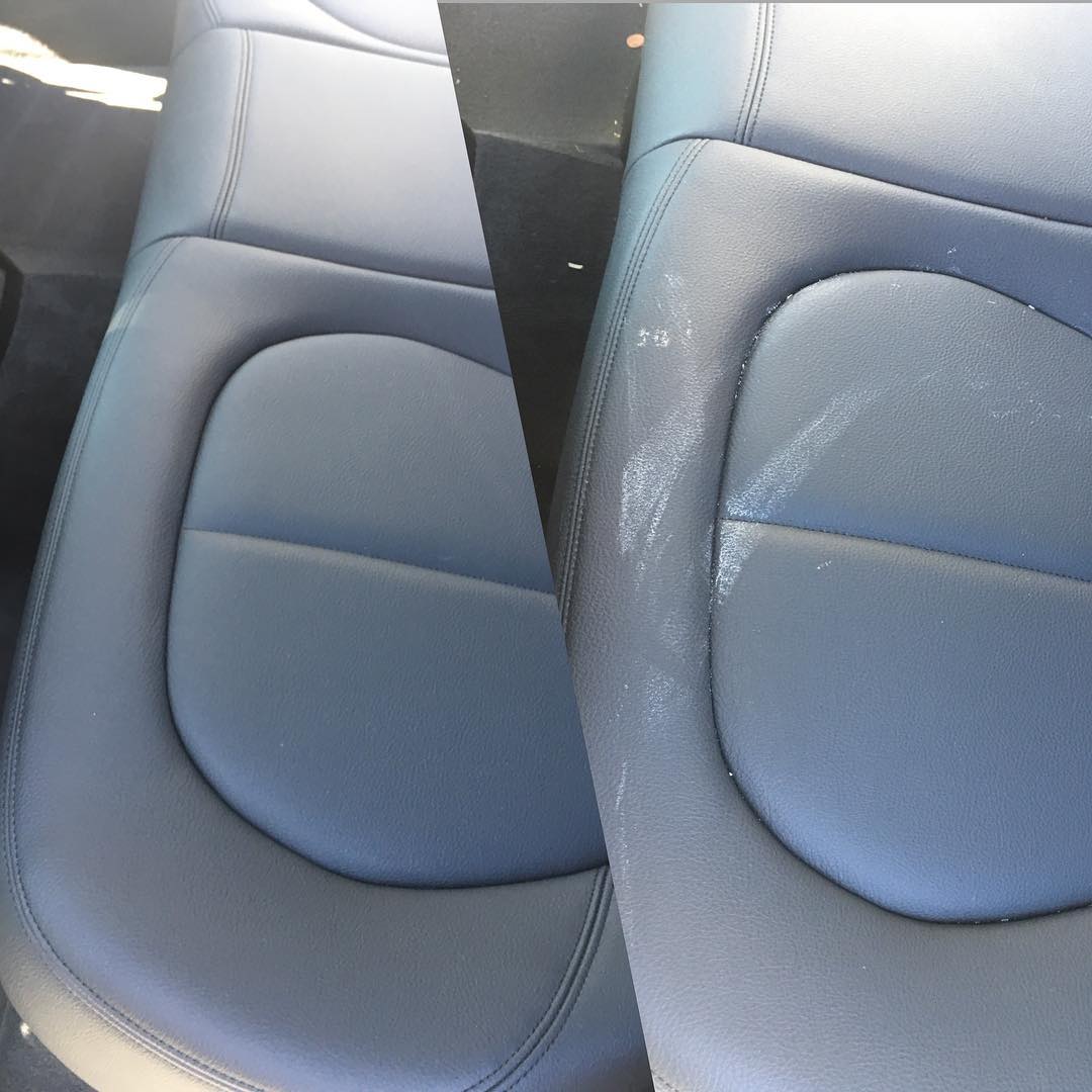 A picture of a car seat before and after being cleaned