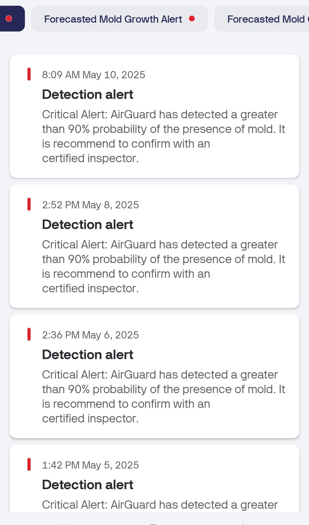 A screenshot of a website showing a list of detection alerts.