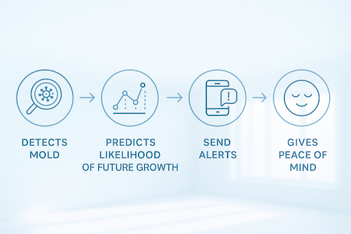 A diagram showing the process of detecting mold , predicting likelihood of future growth , and giving peace of mind.