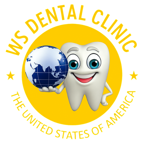 Yellow logo: Smiling tooth holding a globe, 