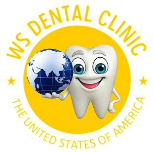 Smiling cartoon tooth holding a globe, inside a yellow circle with 