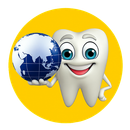 Smiling cartoon tooth holding a globe, set against a yellow circle.