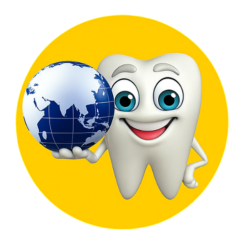 Smiling cartoon tooth holding a globe, set against a yellow circle.