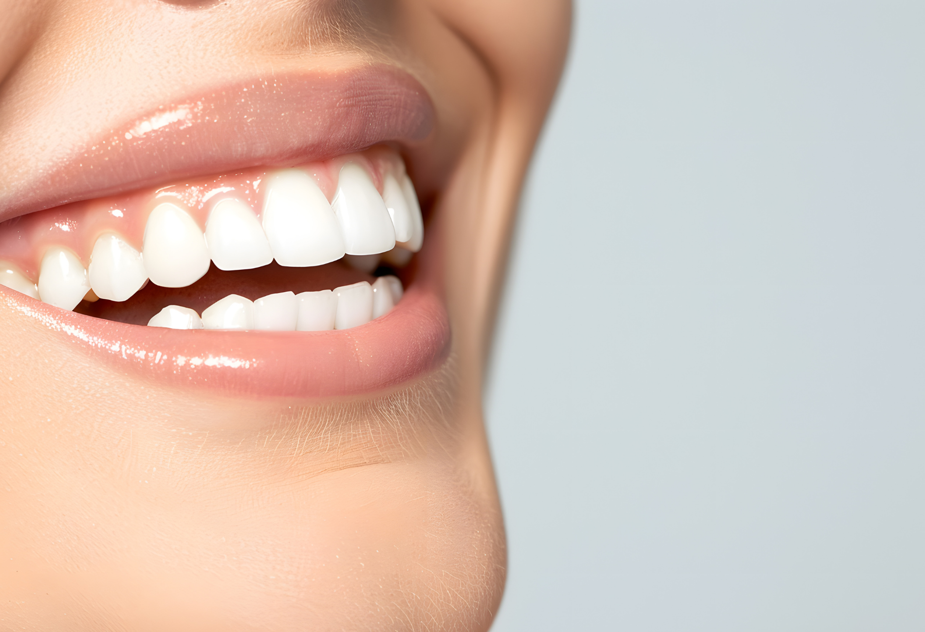 Close-up of a person's bright white, healthy teeth and smiling mouth. Glossy pink lips against a light blue background.