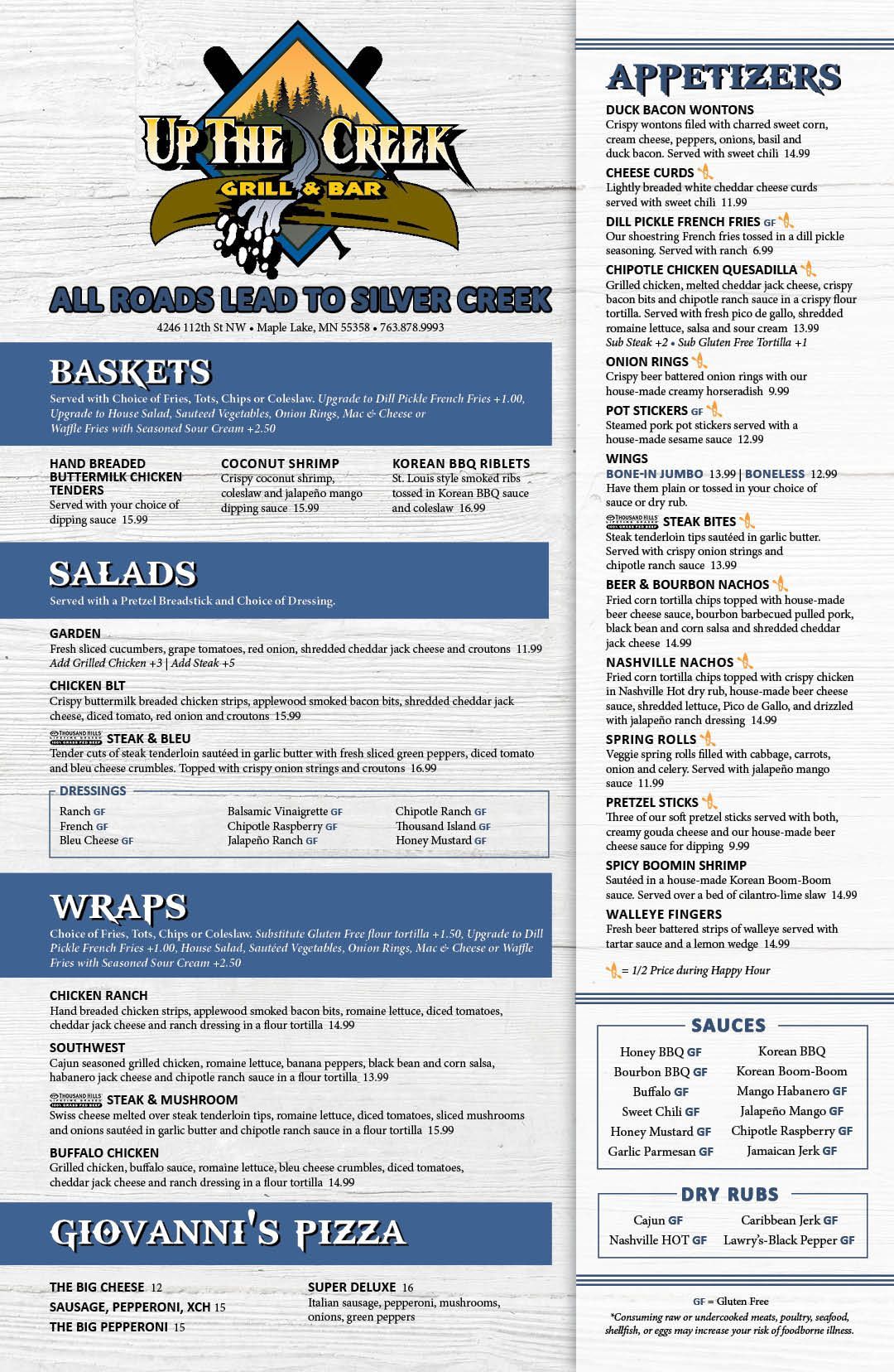 A menu for a restaurant called up the creek.