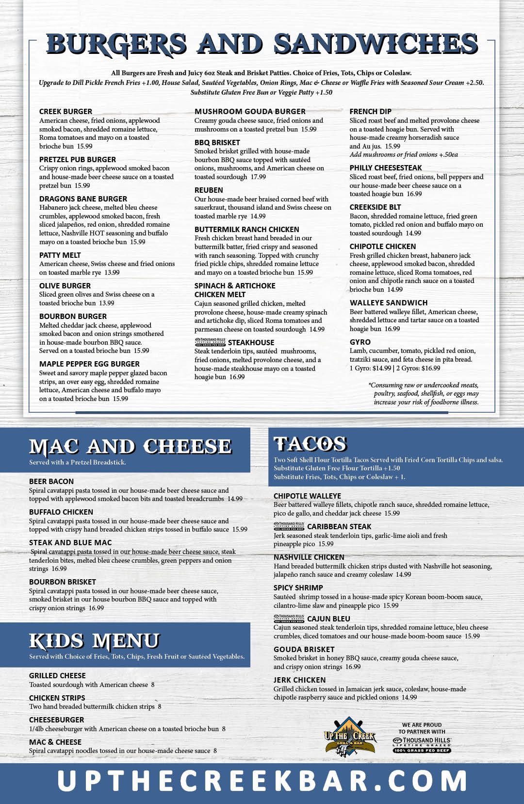 A menu for burgers and sandwiches at up the creek bar