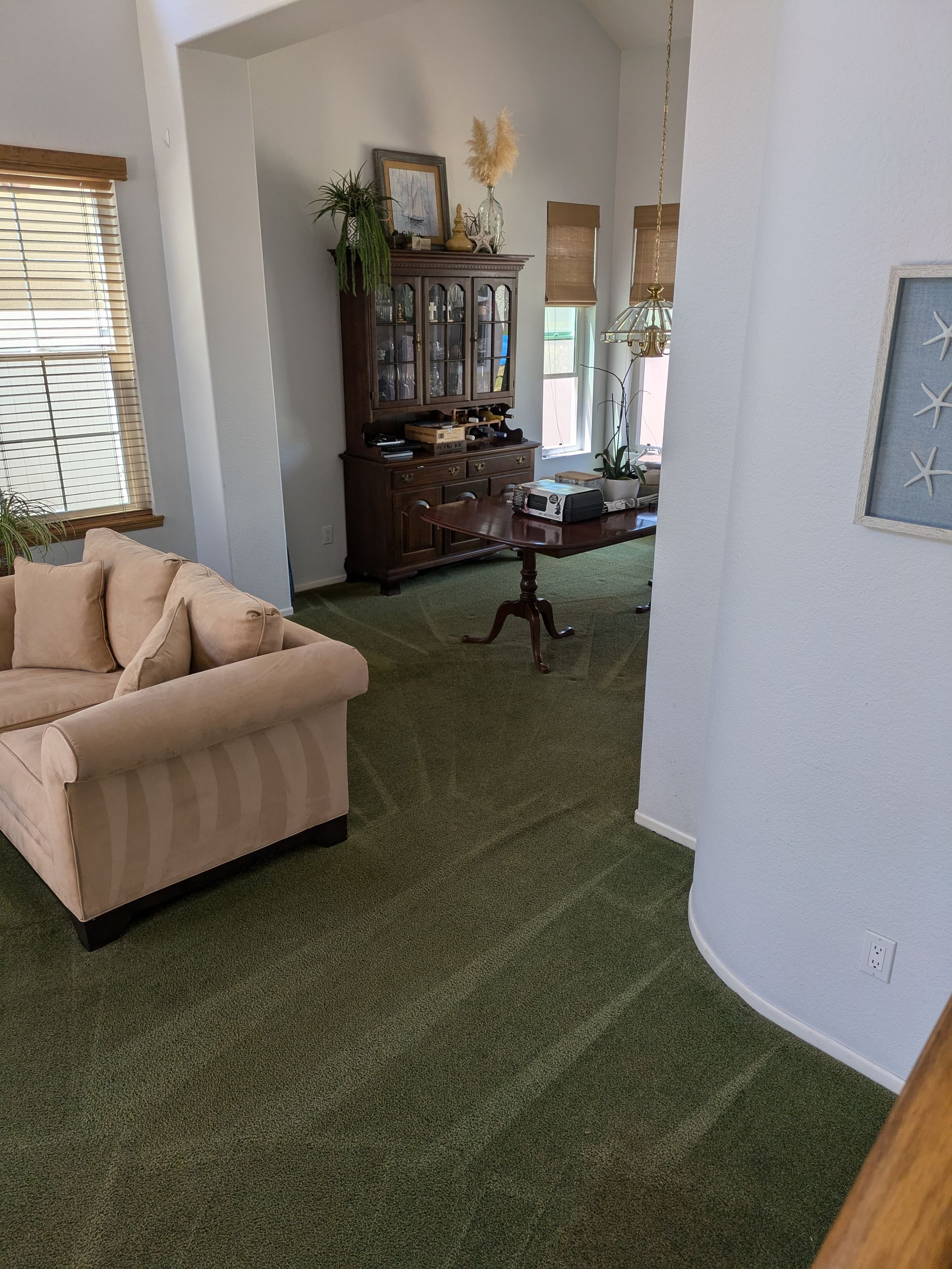 Living room with beige sofa, dark wood cabinet, and green carpet under bright natural light
