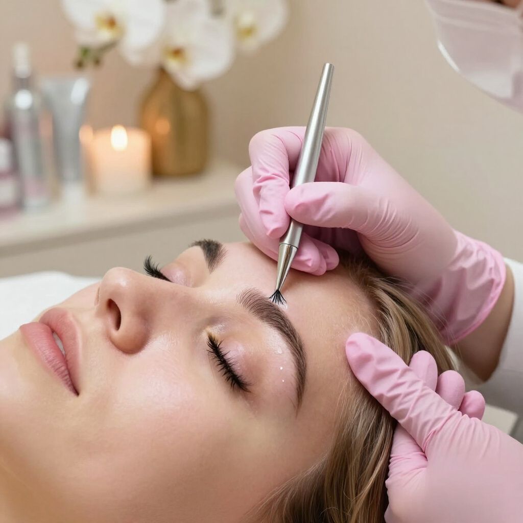 Person receiving eyebrow microblading, hands with pink gloves holding the tool.