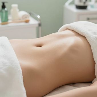 Person's abdomen wrapped in white towel, on massage table. Spa setting, bottles and towels visible.