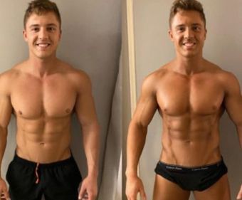 Two photos: a muscular person with a tan, smiling, in front of a gray wall. They're wearing dark shorts/briefs.