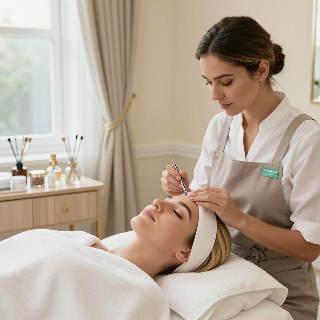 Woman receiving facial treatment in a spa. Therapist uses a tool on her forehead, peaceful setting.