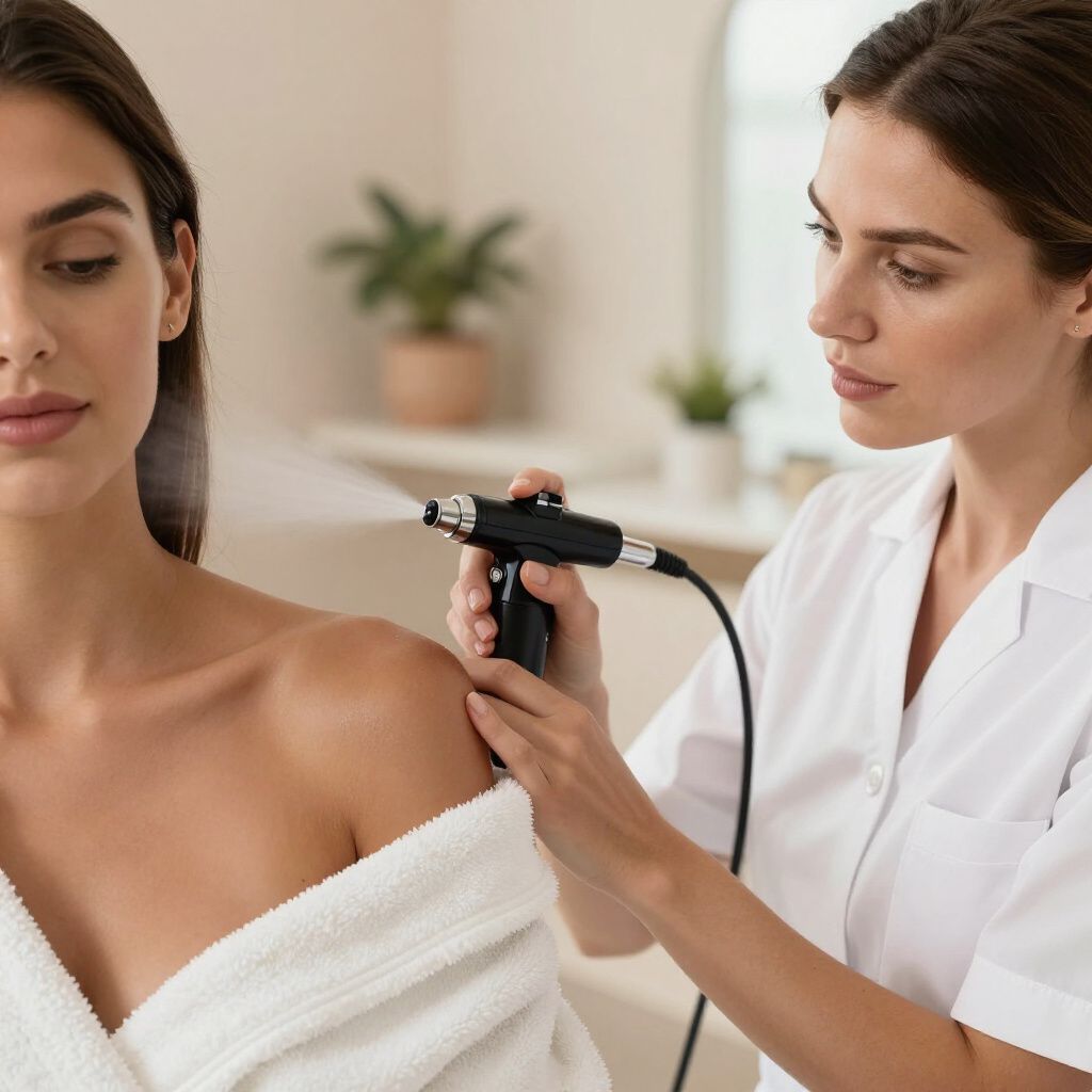 Woman receiving skincare treatment on shoulder in a spa, using an airbrush tool.