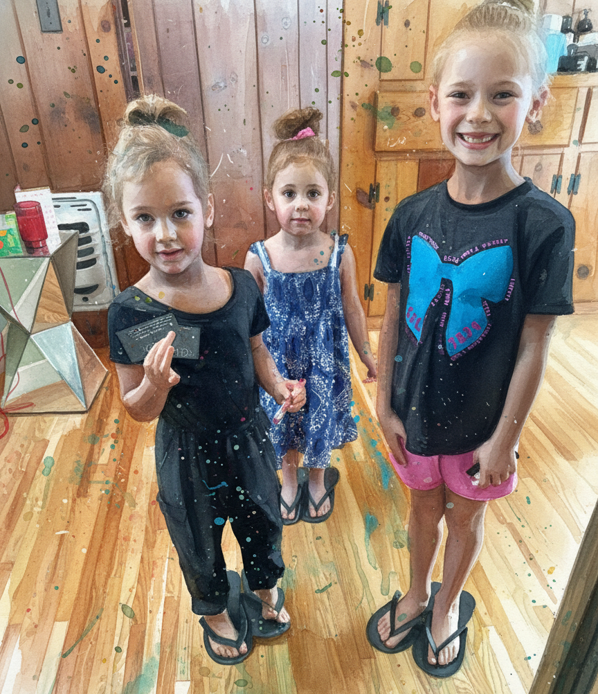 Three children standing indoors on a wooden floor, smiling at the camera, one holding a small object.