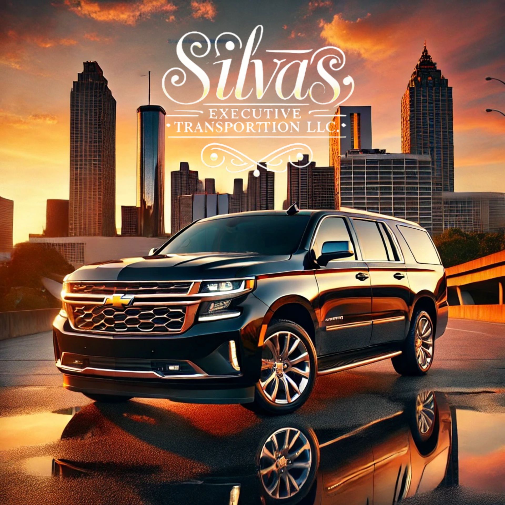 Black SUV in front of a cityscape with the company logo