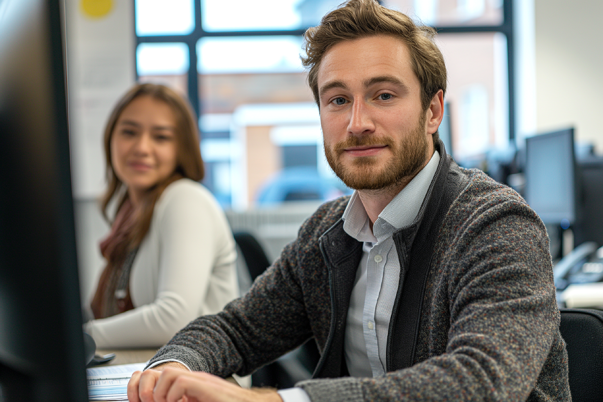 Man with a beard in an office smiles. A woman sits behind him.