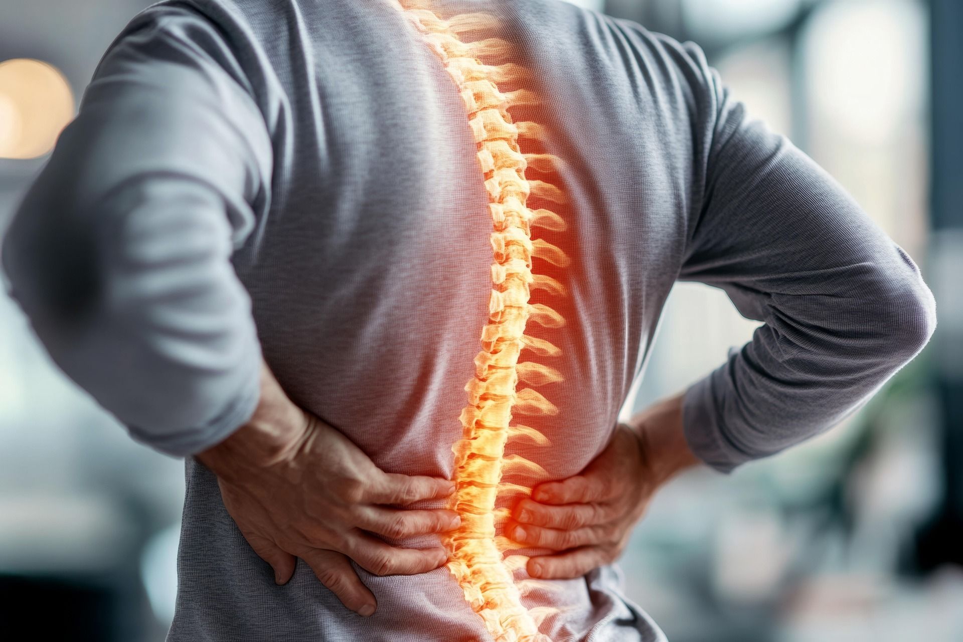 Man with back pain, highlighted spine in orange, hands on lower back.