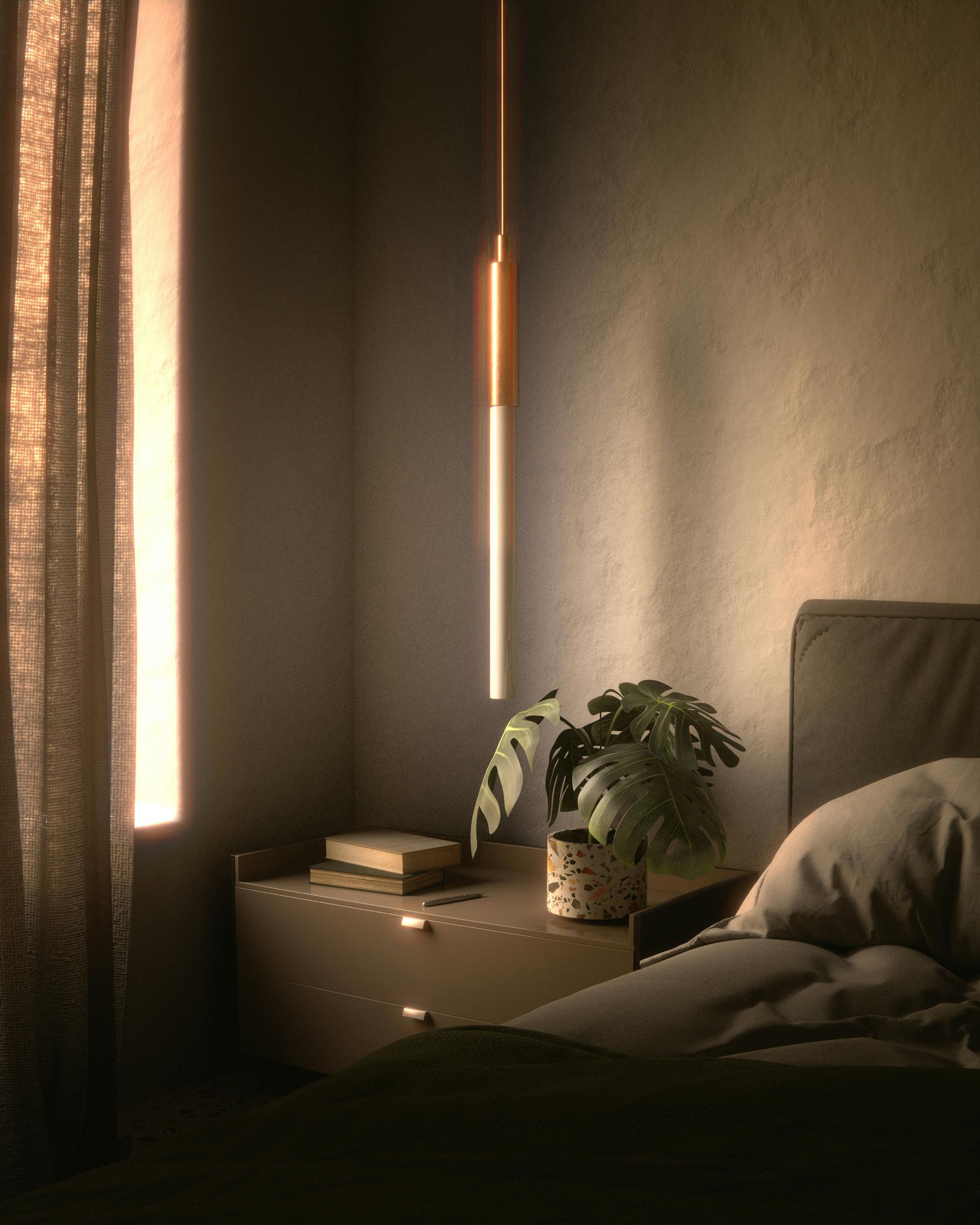 A softly lit bedroom corner featuring textured wallpaper