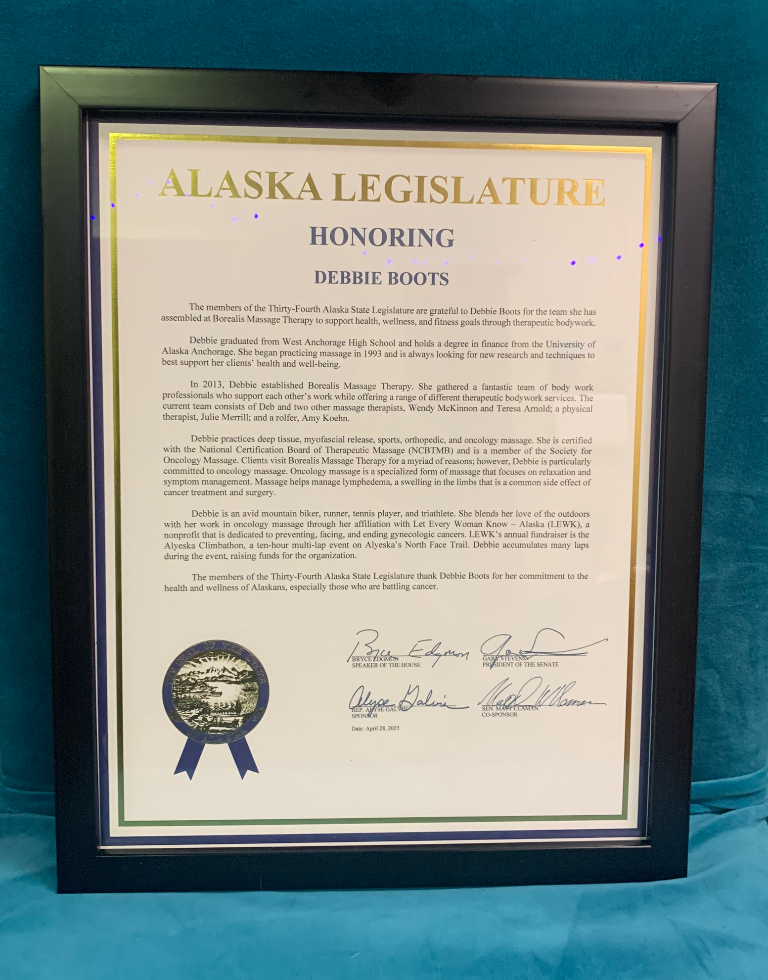 Certificate from the Alaska Legislature honoring Debbie Boots and her therapeutic massage work in the cancer field.