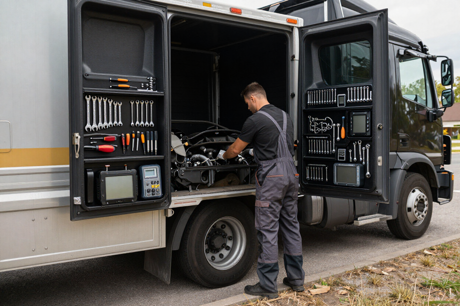 Mobile repair truck with mechanic working on semi engine