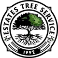 Estates Tree Service logo: a tree with green and black leaves, white roots, and the text "Estates Tree Service 1992".