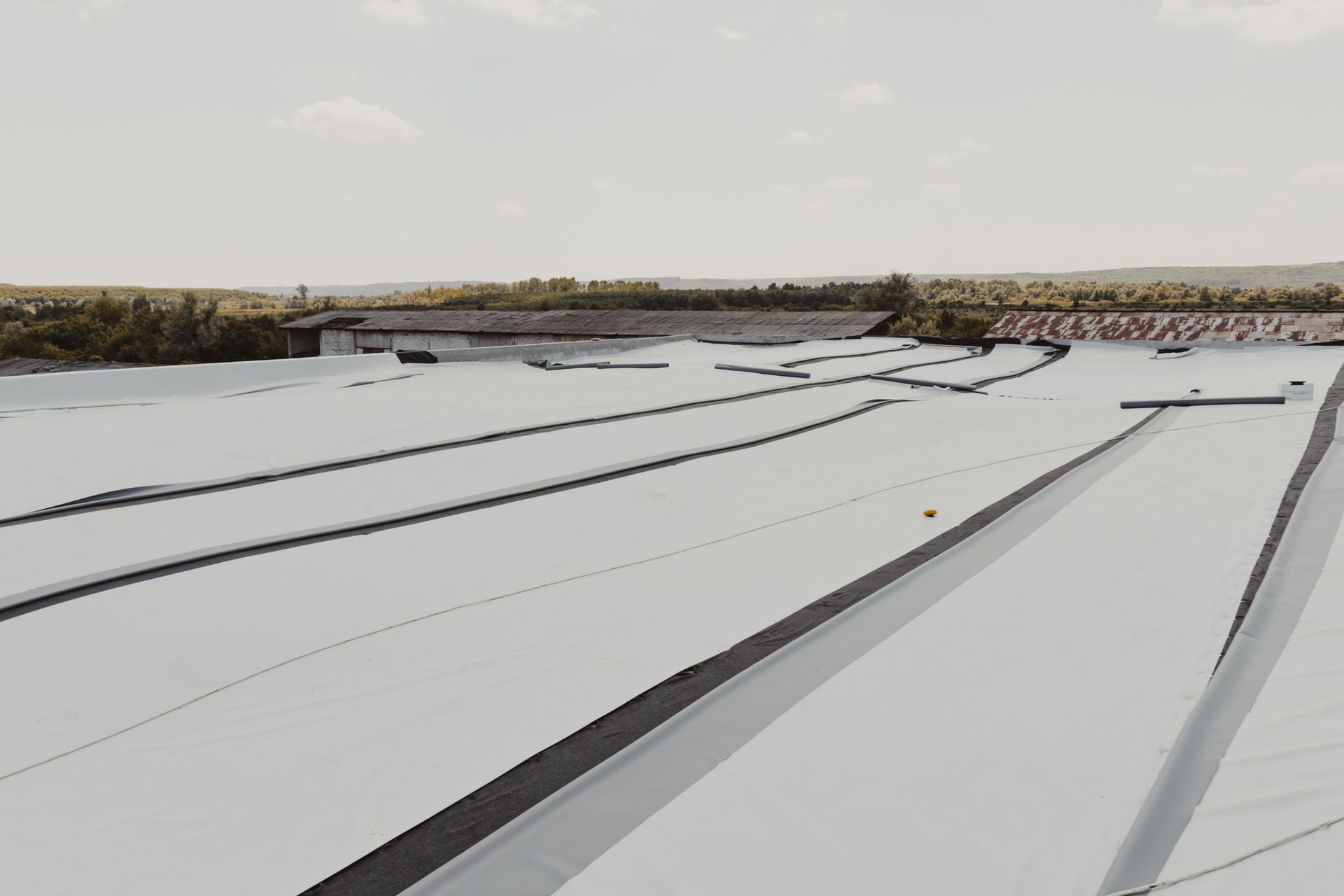 An aerial view of a large white roof with trees in the background.