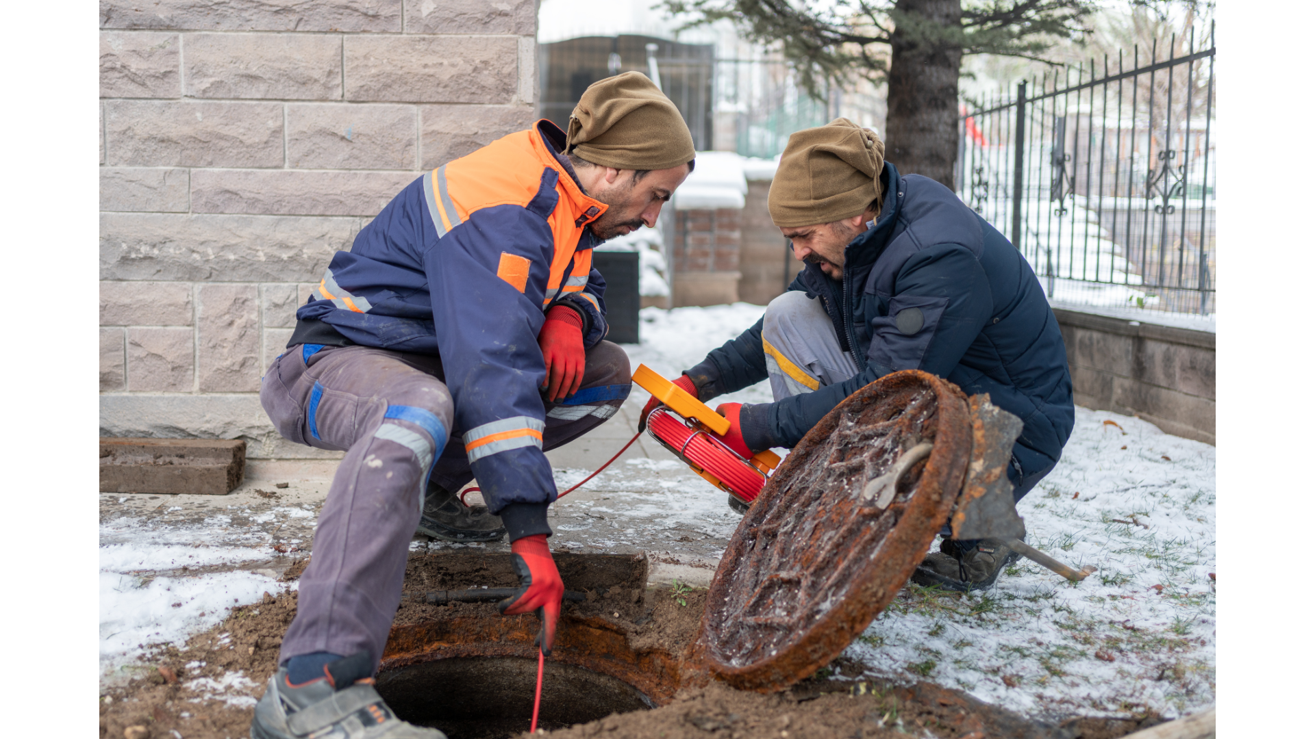 two men are working on a manhole cover in the snow .