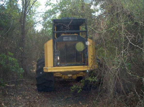 Yellow construction vehicle stuck in a muddy, overgrown forest path