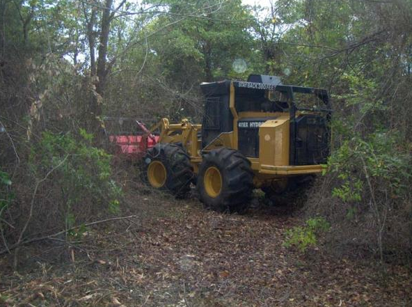 Yellow construction loader with large tires clearing brush on a wooded dirt path