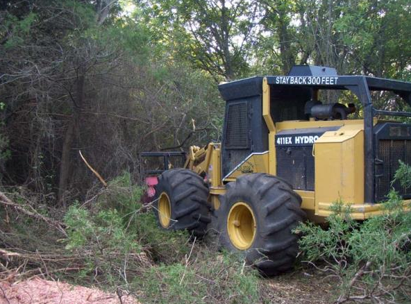 Yellow tractor clearing dense brush in a wooded area