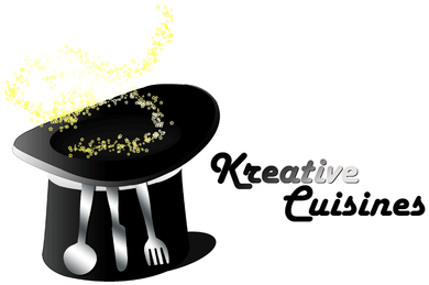 Kreative Cuisines Logo for Kreative Cuisines featuring a black magician's hat with utensils, and glowing sparkle over a plate.