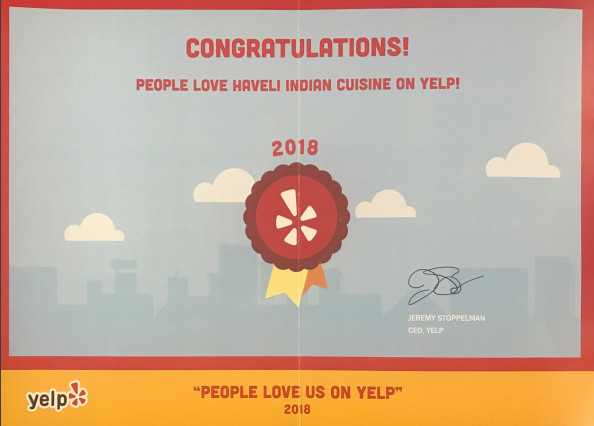 Haveli Indian Cuisine Yelp Award