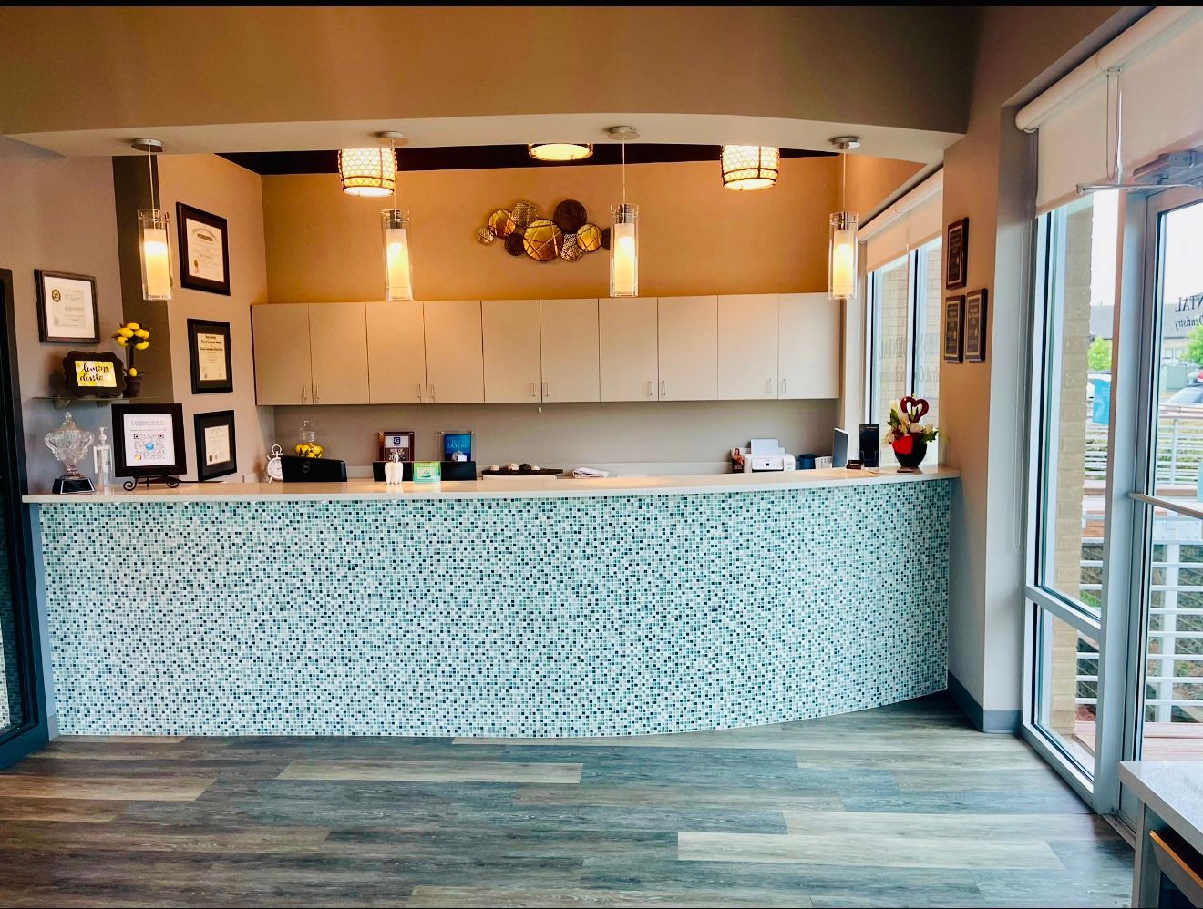 There is a large counter in the middle of the room.