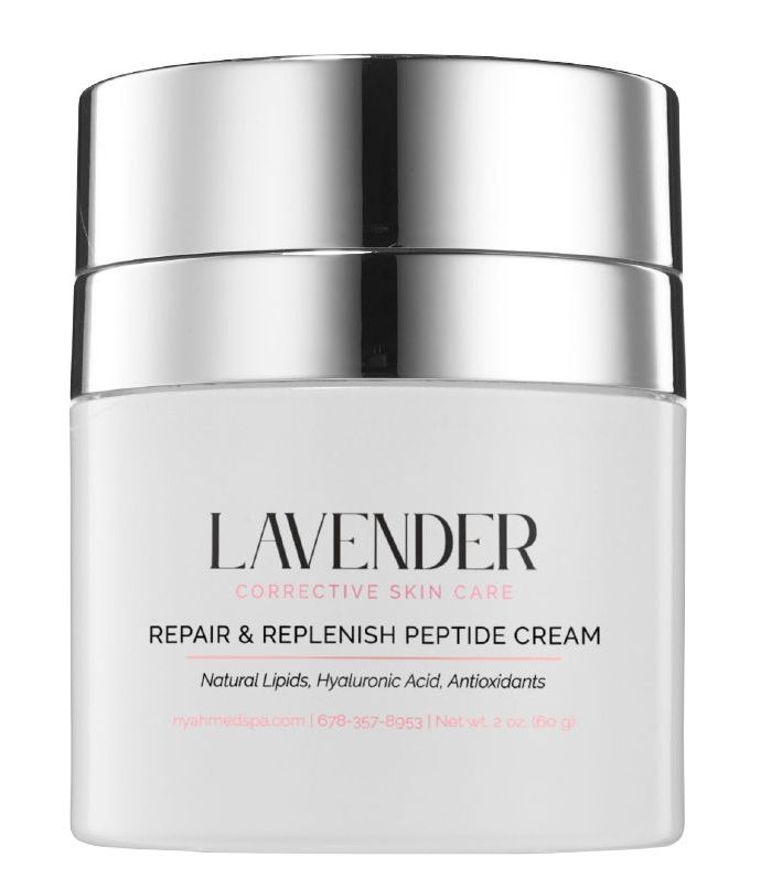 A white bottle of lavender repair and replenish peptide cream