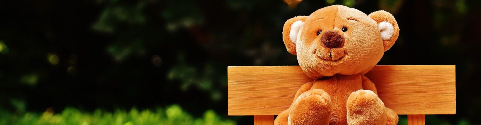 a brown teddy bear is sitting on a wooden bench .