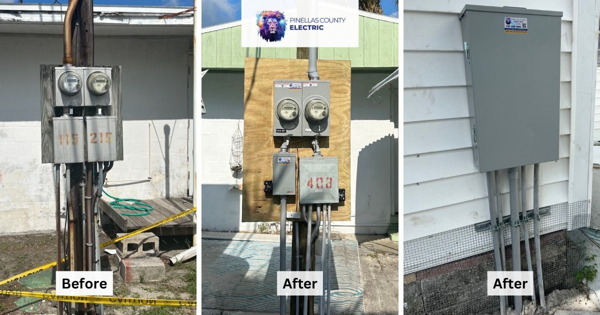 A Before and After Picture of A Power Box on The Side of A House — Tarpon Springs, FL — Pinellas County Electric