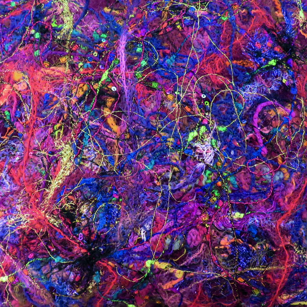 abstract embroidery over yarn and threads rescued from landfil