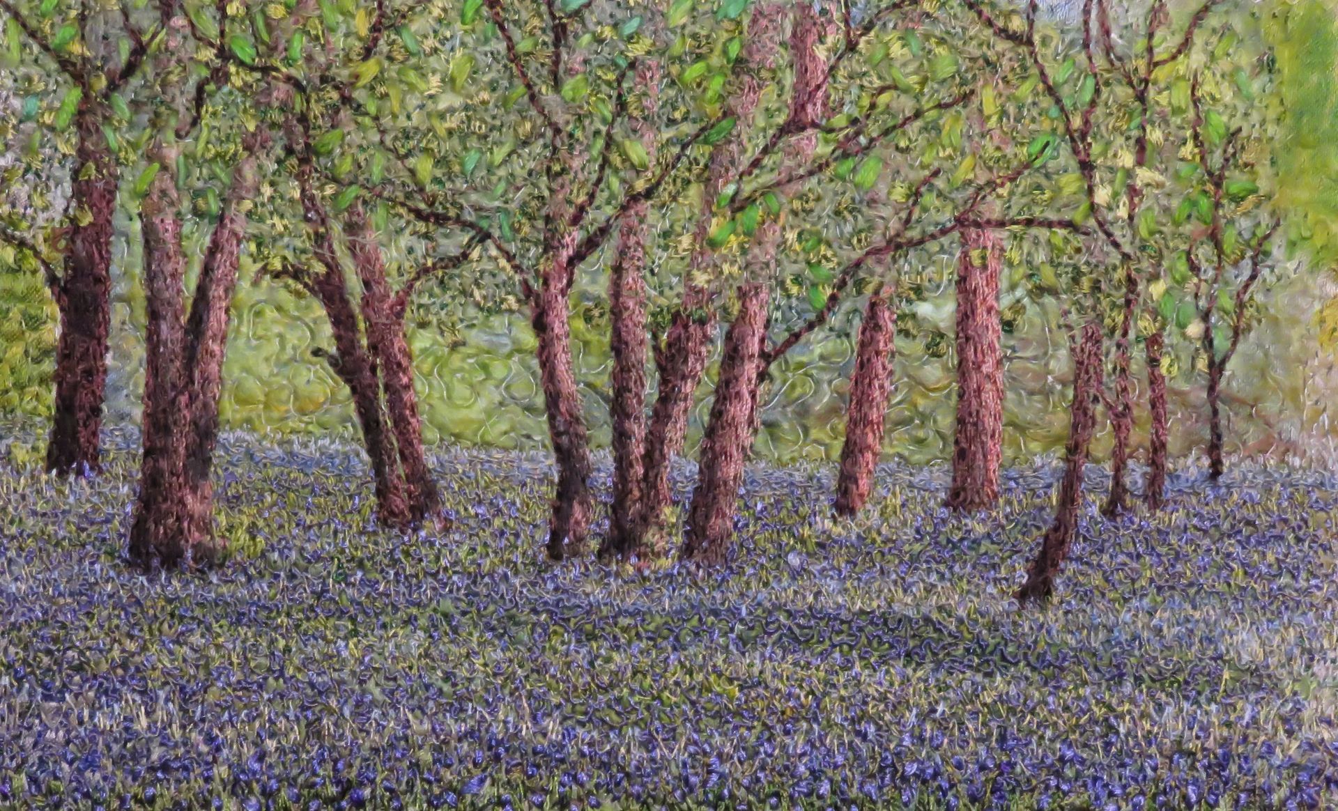 This version of the bluebell wood has hand embroidered leaves. Painted detail to add shadows to the tree trunks.
SOLD