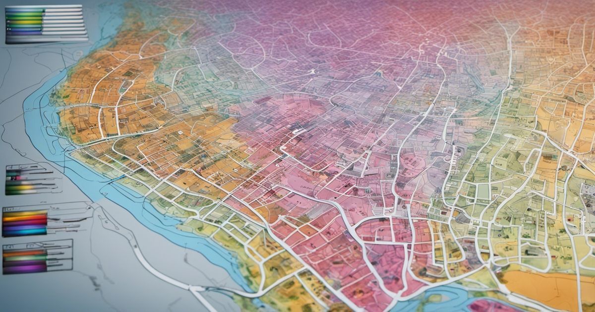 Une carte colorée d'une ville avec une rivière au milieu.