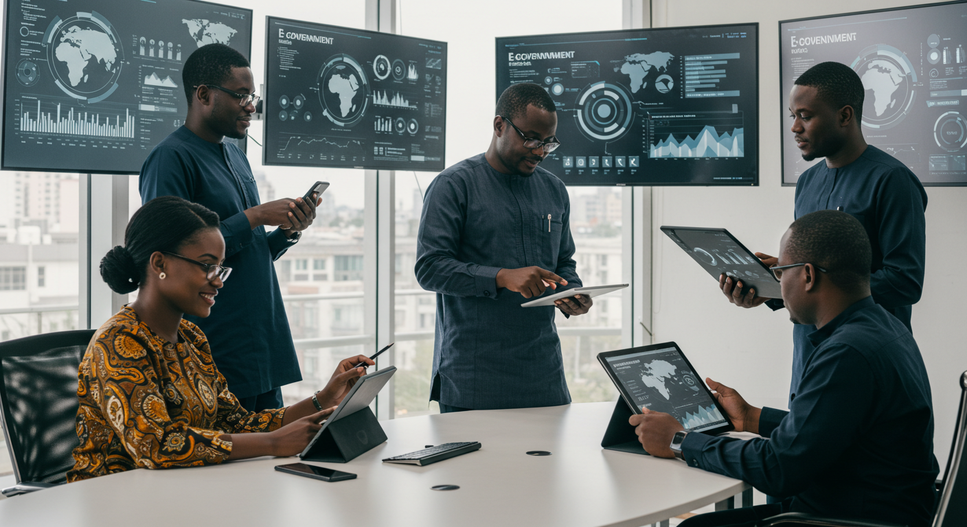 Une équipe de professionnels collabore dans un bureau, des tableaux de bord de données s'affichant sur des écrans, et consulte les informations sur des appareils mobiles.